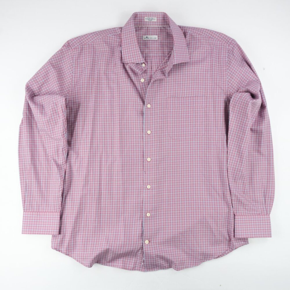 Peter Millar Button Down Shirt Mens Sz. XL Maroon Plaid Long Sleeve Summer Shirt